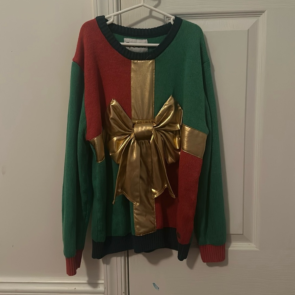 Tipsy Elves gold bow ugly Christmas sweater